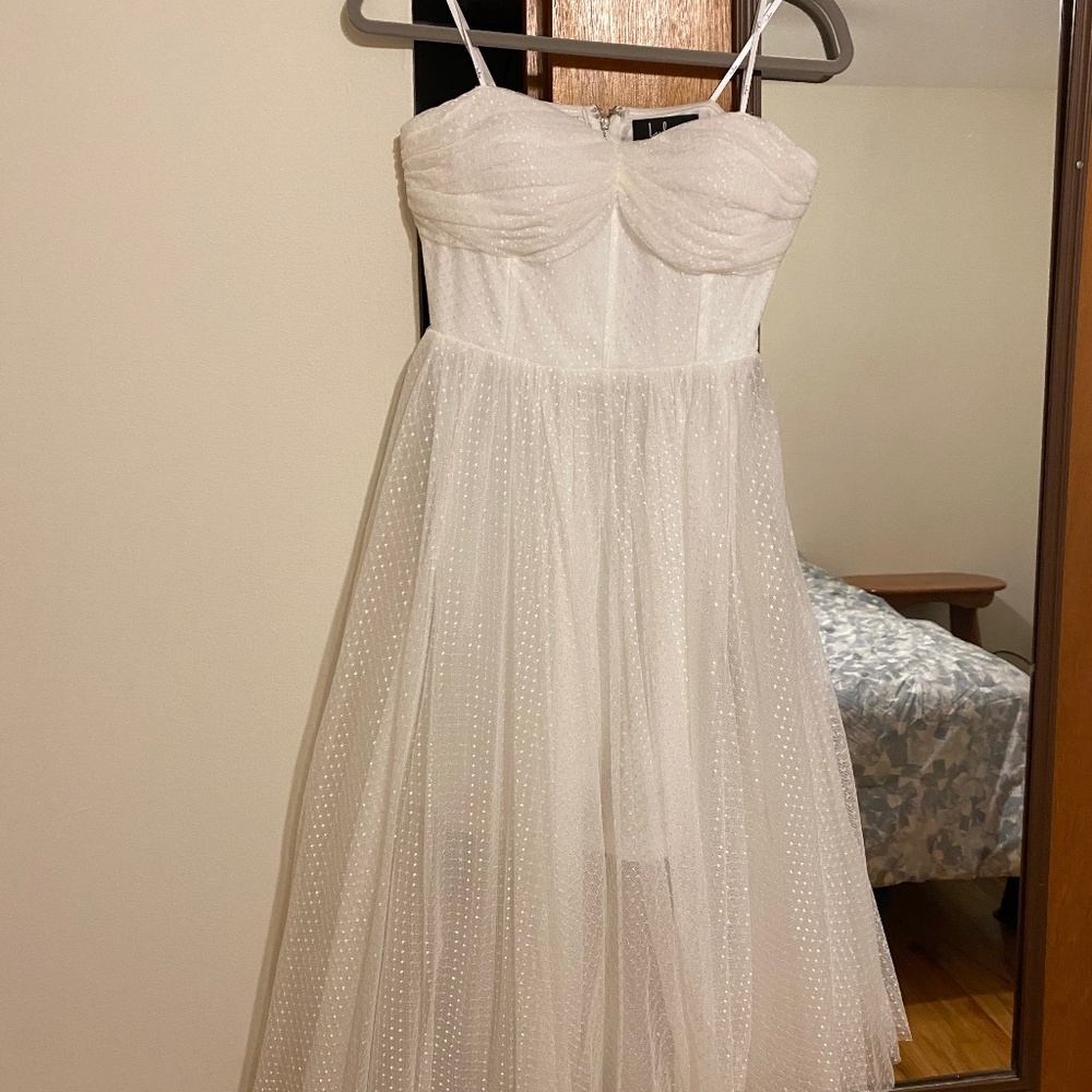 Lulus All This Love White Dotted Mesh Strapless Midi Dress